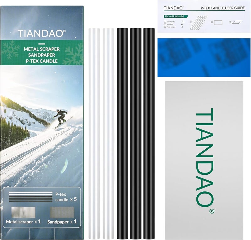 TIANDAO Ski Snowboard Base Repair Kit 5 P-TEX Rods (Black/Clear), Stainless Steel Scraper Sandpaper Ski Repair Kit, Snowboard Repair Tools, DIY Base Tuning Maintenance - Image 1